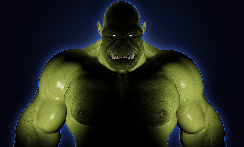bartol biceps cgi evil grin hairy humanoid looking_at_viewer male muscles orc pecs plain_background solo tusks