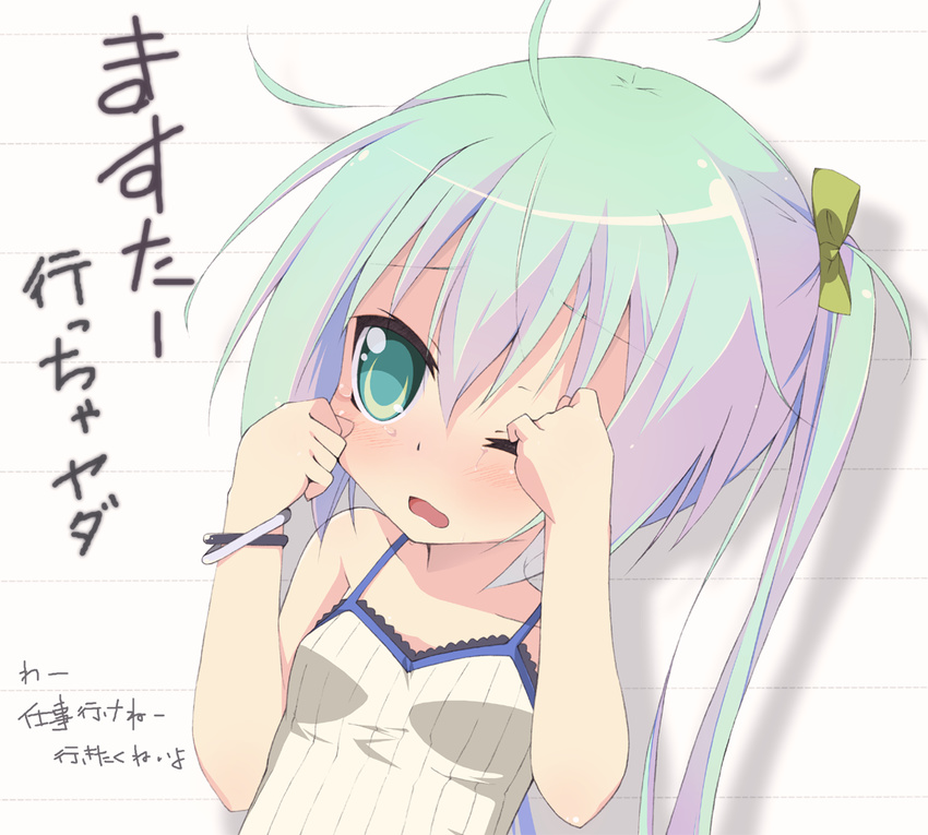 blush bracelet child crying green_eyes green_hair hatsune_miku jewelry long_hair one_eye_closed ribbon solo tears torinannkotsukushi translated twintails vocaloid