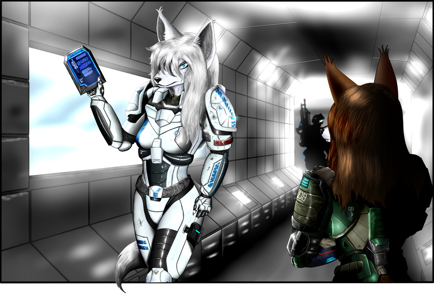 arctic_fox armor artic_fox avalanchjml blue_eyes brown_fur brown_hair canine combat_gear coyote female fox fur grey_eyes hair inside interior ish_lansing long_hair mammal mercenary niki pilot savash savash_warrior_class_valquir sodom_mercenary_gang sodom_security_servicies soldier white_fur wite_fur wolf