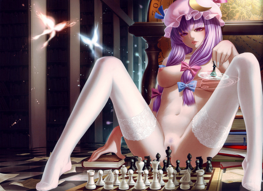 absurdres board_game book bookshelf bow breasts bug butterfly chess chess_piece chessboard convenient_censoring crescent hair_bow hat highres insect lace lace-trimmed_thighhighs large_breasts library long_hair looking_at_viewer magic_circle navel nipples nude patchouli_knowledge pubic_hair purple_eyes purple_hair pussy rail_(silverbow) scan sitting solo spread_legs thighhighs touhou