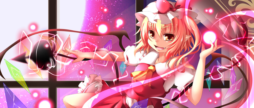 ascot blonde_hair flandre_scarlet full_moon highres miy@ moon open_mouth pointy_ears smile solo touhou wings