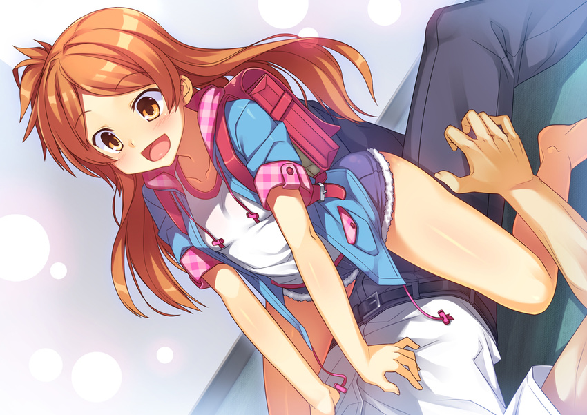 1girl :d backpack bag barefoot blush brown_eyes brown_hair cutoffs denim denim_shorts girl_on_top hood hooded_jacket hoodie idolmaster idolmaster_million_live! jacket long_hair one_side_up oogami_tamaki open_clothes open_hoodie open_mouth racer_(magnet) randoseru shorts smile solo_focus