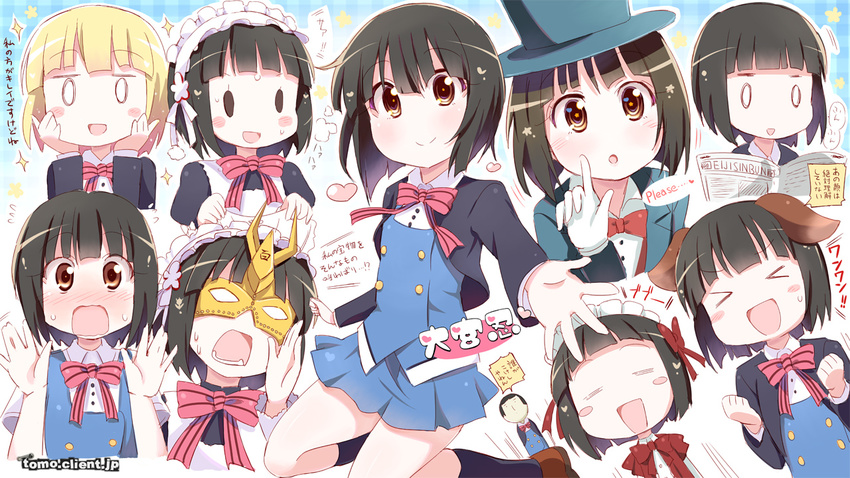 &gt;_&lt; 1girl :d :o =_= alternate_hair_color animal_ears black_hair black_legwear blonde_hair blush blush_stickers bow bowtie brown_eyes character_name clenched_hands closed_eyes dog_ears embarrassed english excited expressions hair_ornament hands_on_own_cheeks hands_on_own_face hat heart index_finger_raised kin-iro_mosaic kitahara_tomoe_(kitahara_koubou) kokeshi maid maid_headdress mask multiple_views newspaper oomiya_shinobu open_mouth outstretched_hand partially_translated pleated_skirt school_uniform shoes short_hair skirt smile socks solid_oval_eyes star star-shaped_pupils symbol-shaped_pupils top_hat translation_request watermark wavy_mouth web_address