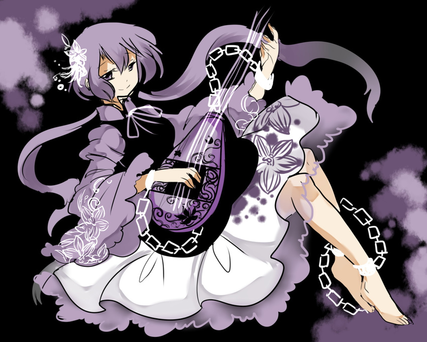 alternate_color barefoot biwa_lute chain dark_persona flower hair_flower hair_ornament instrument long_hair lute_(instrument) purple_eyes purple_hair shigureru smile solo touhou tsukumo_benben twintails