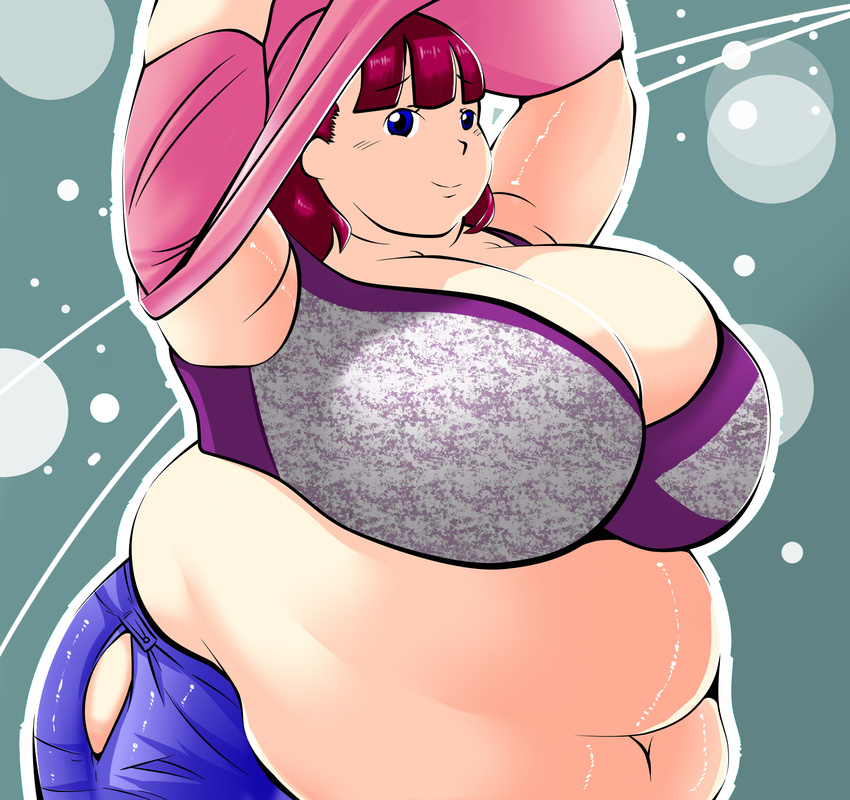 1girl blue_eyes breasts fat gigantic_breasts highres hoikooroo obese red_hair