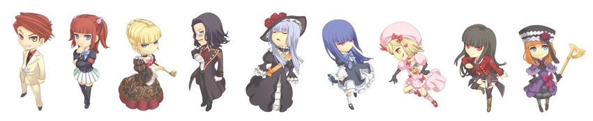 6+girls absurdres beatrice beret black_hair blonde_hair blue_eyes blue_hair cat_tail chibi closed_eyes dress eva_beatrice flower frederica_bernkastel hair_bobbles hair_ornament hat highres kiseru kunieda lambdadelta long_hair long_image lucifer multiple_boys multiple_girls necktie orange_eyes pink_dress pink_hat pink_neckwear pipe purple_eyes red_eyes red_hair ribbon ronove rose short_hair stakes_of_purgatory tail thighhighs twintails umineko_no_naku_koro_ni ushiromiya_ange ushiromiya_battler very_long_hair virgilia wide_image