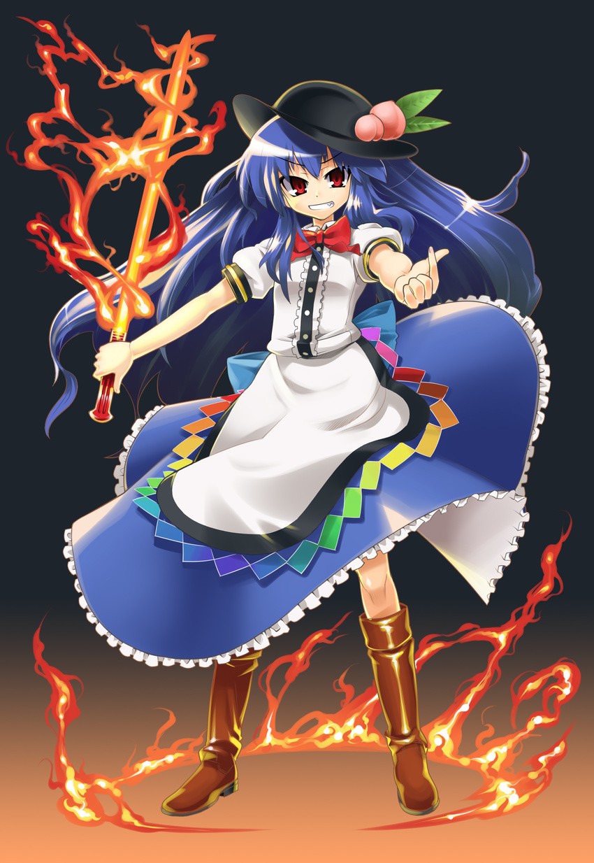 absurdres blue_hair boots dress fire food fruit gengorou grin hat highres hinanawi_tenshi long_hair peach red_eyes smile solo sword sword_of_hisou touhou weapon