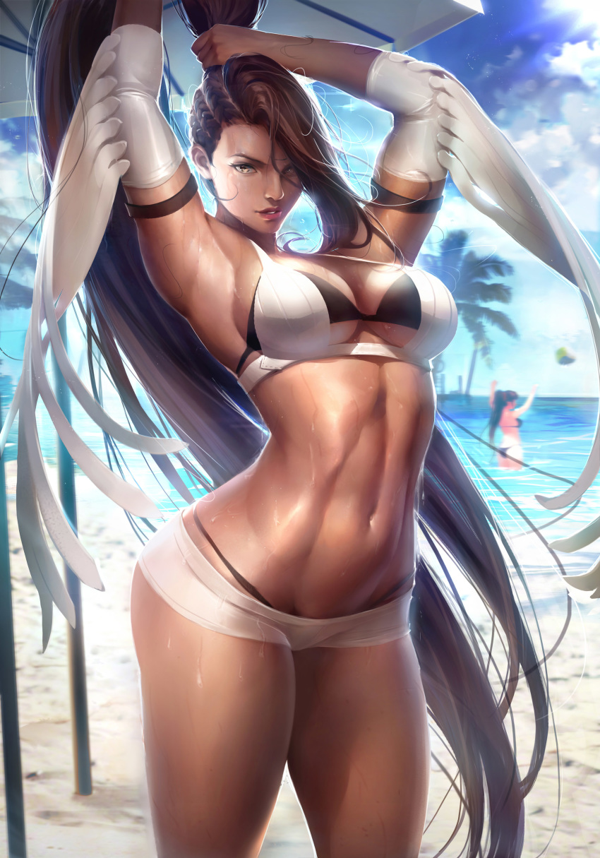absurdly_long_hair absurdres adjusting_hair arched_back arm_strap armpits asymmetrical_bangs ball bangs beach beach_umbrella beachball bikini black_bikini braid breasts brown_eyes brown_hair day detached_sleeves dungeon_and_fighter female_grappler_(dungeon_and_fighter) fighter_(dungeon_and_fighter) flute_(artist) high_ponytail highres large_breasts layered_bikini lips long_hair looking_at_viewer multiple_braids multiple_girls navel ocean outdoors parted_lips solo_focus standing stomach swimsuit tan thighs ultimate_diva_(dungeon_and_fighter) umbrella very_long_hair wet white_bikini