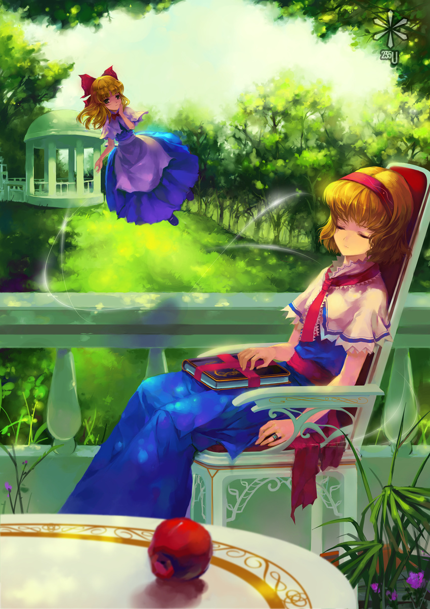 alice_margatroid apple blonde_hair book food fruit garden hairband highres railing s.advent shanghai_doll short_hair sitting sleeping sleeping_upright solo string touhou