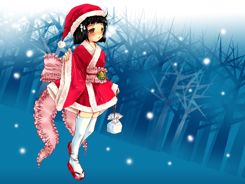 black_hair christmas green_eyes hair_ornament hairclip hat japanese_clothes kimono original santa_costume santa_hat short_hair short_kimono snow snowman_hair_ornament solo thighhighs yuunagi_seshina zettai_ryouiki