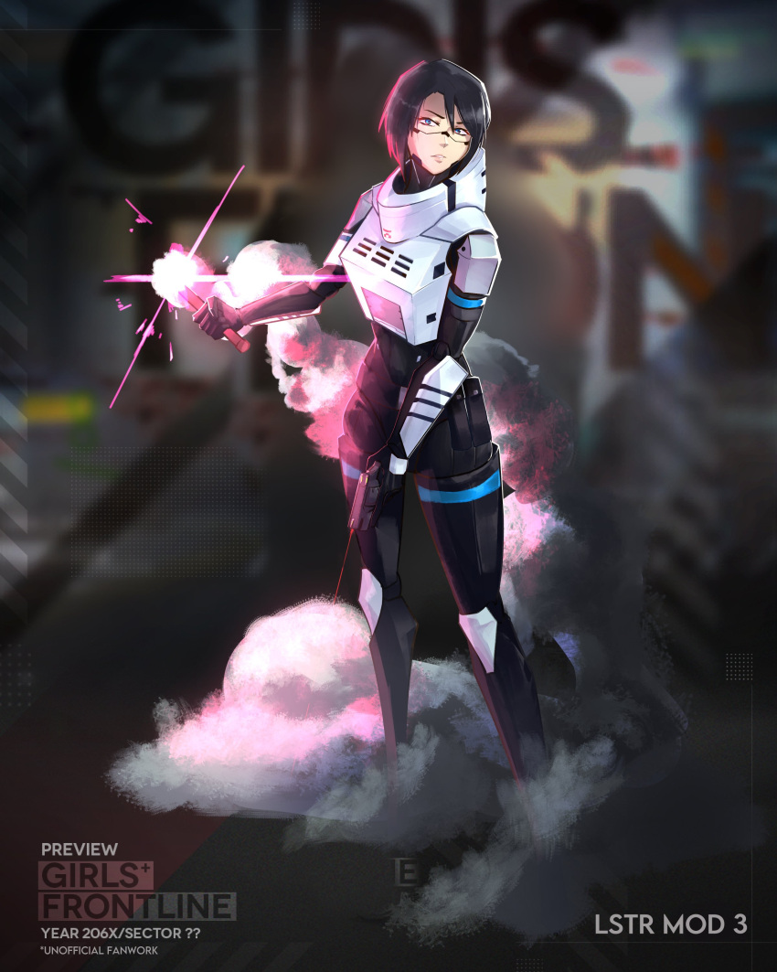 1girl absurdres android black_hair commentary cyberpunk elster_(signalis) english_commentary finger_on_trigger flair girls'_frontline gun handgun highres holding holding_gun holding_weapon luzaitis metal_skin revolver robot_girl science_fiction signalis weapon