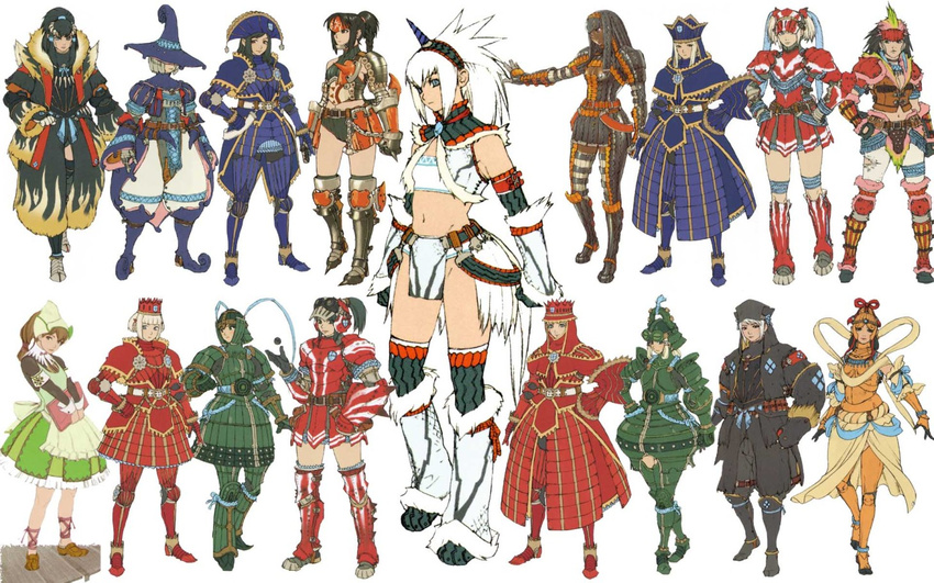 armband armor armored_dress artist_request baggy_pants bandeau bangs belt black_hair blonde_hair book boots breasts brown_hair chameleos_(armor) cleavage conga_(armor) crop_top crossed_legs crown dark_skin dress elbow_gloves everyone flat_chest forehead_protector fur_trim gloves gypceros_(armor) hand_on_hip hands_on_hips hat helmet helper_(armor) hermitaur_(armor) holding horn kirin_(armor) knee_boots kuroobi_(armor) leg_warmers lineup loafers loincloth long_sleeves looking_at_viewer lunastra_(armor) midriff monster_hunter multiple_girls navel official_art pants pleated_skirt ponytail rajang_(armor) ribbon shen_gaoren_(armor) shoes short_hair short_twintails silver_hair simple_background sitting skirt small_breasts spiked_hair standing teostra_(armor) thigh_boots thigh_strap thighhighs torn_clothes turtleneck twintails watson_cross white_hair wide_sleeves witch_hat wrist_cuffs yama_tsukami_(armor) zettai_ryouiki