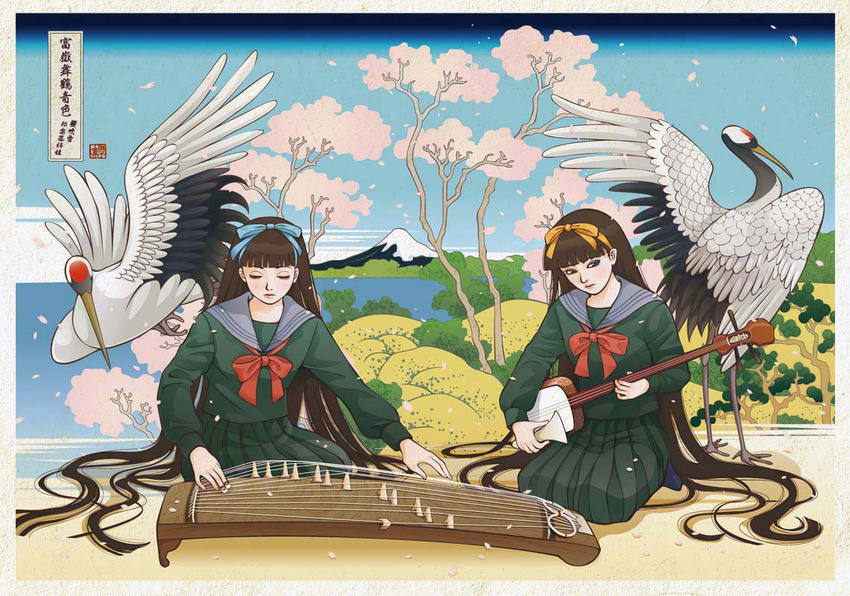 bachi bird brown_hair cherry_blossoms crane_(animal) fine_art_parody instrument koto_(instrument) long_hair mount_fuji mountain multiple_girls nadeshiko_rin nature nihonga original parody plectrum red-crowned_crane ribbon school_uniform seiza shamisen sitting tokaido_shinagawa_gotenyama_no_fuji translated ukiyo-e