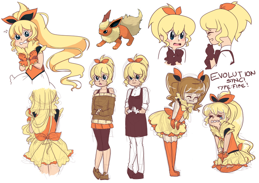 =_= ^_^ apron baker_(pokemon) bare_shoulders bent_over blue_eyes blush bow brown_hair clenched_hands closed_eyes commentary cosplay dress dual_persona eevee eeveelution_project english flareon flareon_(cosplay) flying_sweatdrops fur_trim gen_1_pokemon gloves hair_ribbon hanakawa_ran himura_hotaru kneeling leaning_over leggings long_hair loony_bear magical_girl multiple_girls open_mouth original personification pigeon-toed pokemon pokemon_(creature) ponytail ribbon simple_background skirt sleeves_past_wrists smile standing tears thighhighs twintails very_long_hair wavy_mouth white_background zettai_ryouiki