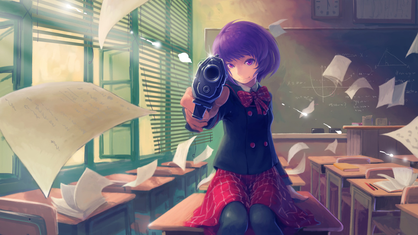 aiming_at_viewer blinds chalkboard classroom desk gun highres holding holding_gun holding_weapon lens_flare looking_at_viewer original papers purple_eyes purple_hair short_hair solo tyc001x weapon