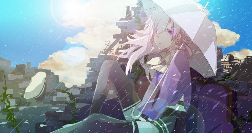 clouds hat hoshima purple_eyes rain thighhighs umbrella vocaloid