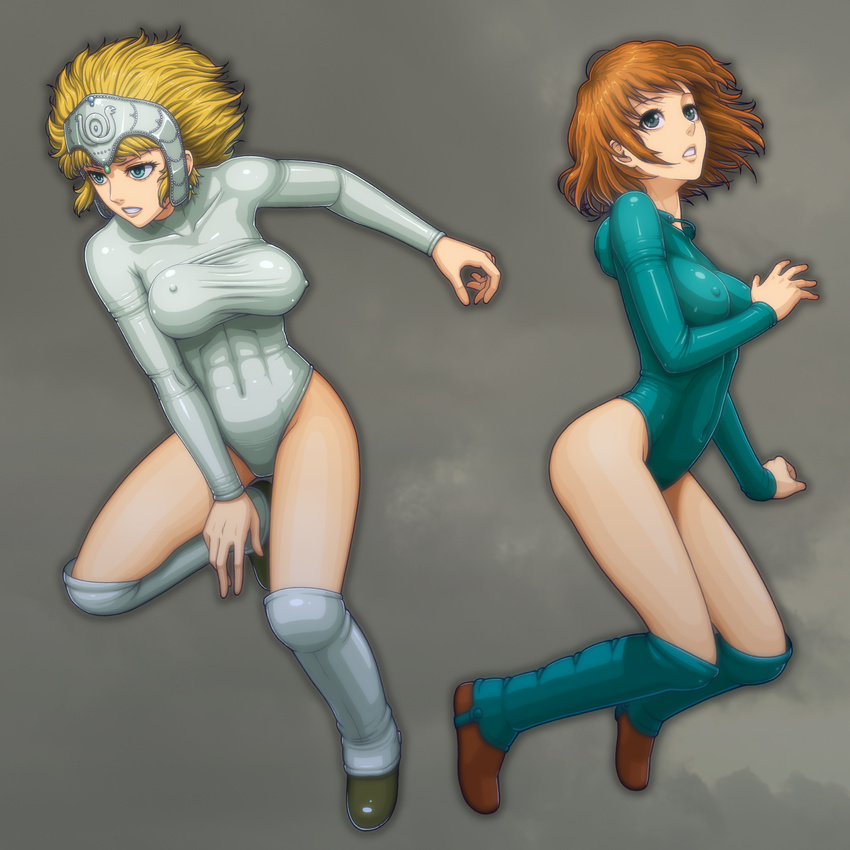 absurdres aqua_eyes aqua_legwear aqua_leotard blonde_hair breasts brown_eyes commentary_request covered_nipples crown earrings elenab full_body grey_background headpiece highres jewelry kaze_no_tani_no_nausicaa kushana leotard long_sleeves medium_breasts multiple_girls nausicaa orange_hair short_hair simple_background stirrup_legwear toeless_legwear toned unaligned_breasts white_legwear white_leotard