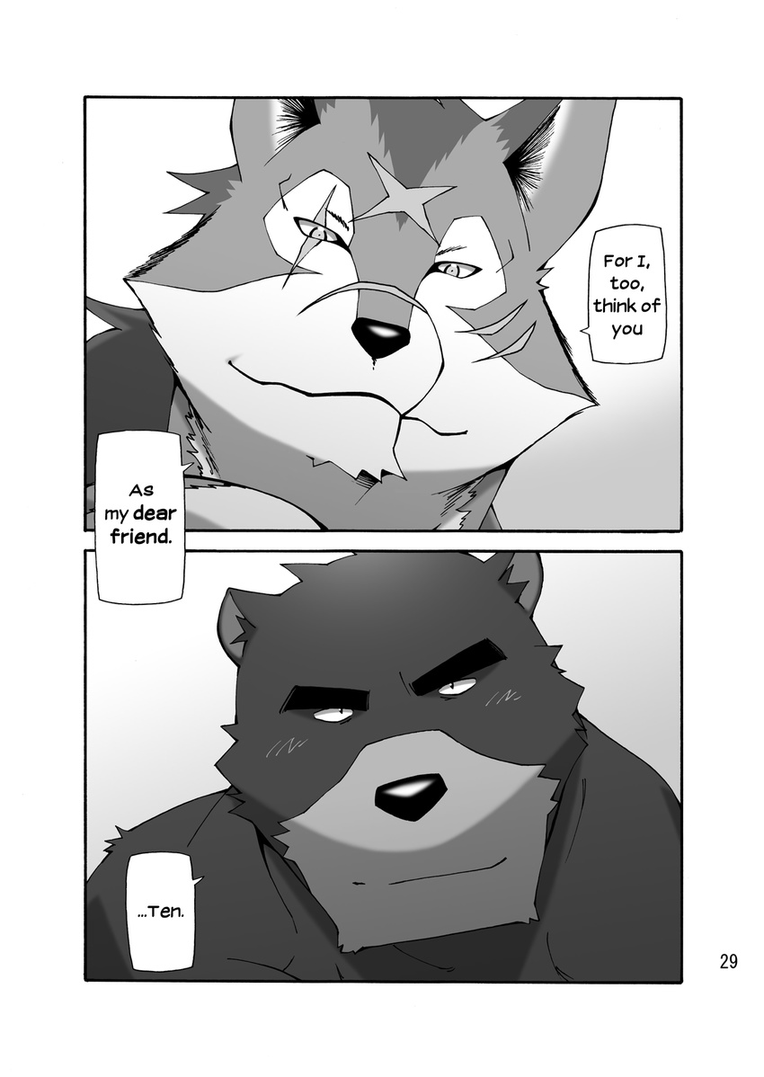 bear blush canine comic dialog english_text facial_markings fur hair honey_x_scars juuichi juuichi_mikazuki male mammal markings morenatsu scar smile ten_kodori text toratora wolf