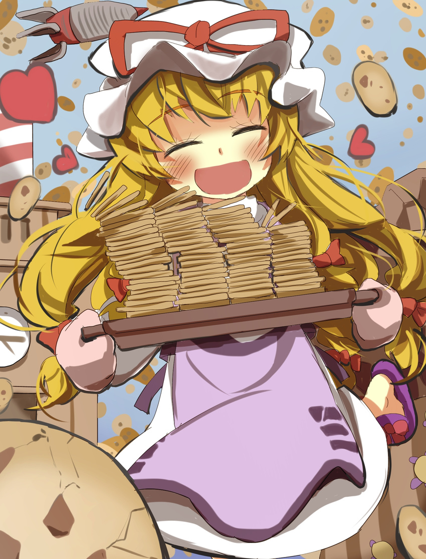 :d baking_sheet blonde_hair bow closed_eyes cookie cookie_clicker dress factory food gaoo_(frpjx283) hair_bow hat heart highres long_hair open_mouth oven_mitts parody ribbon rocket slippers smile solo space_craft touhou yakumo_yukari