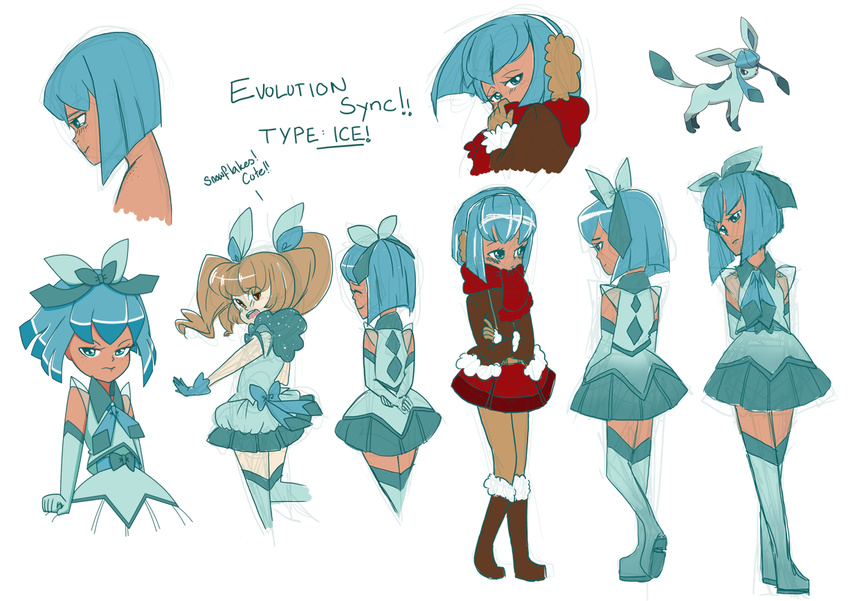 ace_trainer_(pokemon) blue_eyes blue_hair boots bow brown_hair clenched_hand closed_eyes commentary cosplay crossed_arms dark_skin dual_persona earmuffs eevee eeveelution_project elbow_gloves english english_commentary fur_trim gen_1_pokemon gen_4_pokemon glaceon glaceon_(cosplay) gloves hair_bow hanakawa_ran looking_away loony_bear magical_girl multiple_girls open_mouth original personification pokemon pokemon_(creature) scarf short_hair simple_background skirt smile standing thigh_boots thighhighs tiana_(loony_bear) twintails white_background