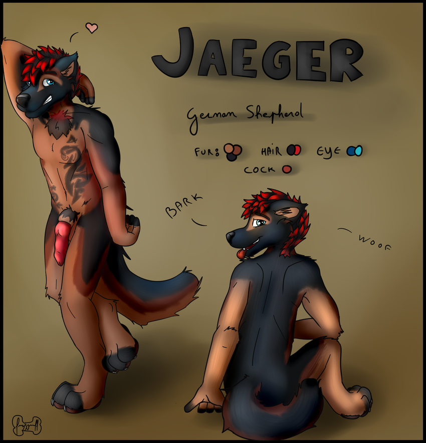 anthro bark canine chest_tuft claws colors dog fur fuzzywuff german_shepherd hindpaw jaeger knot male mammal model_sheet nude pads paws pose sheppy simple_background smile tattoo text tongue tribal tuft woof