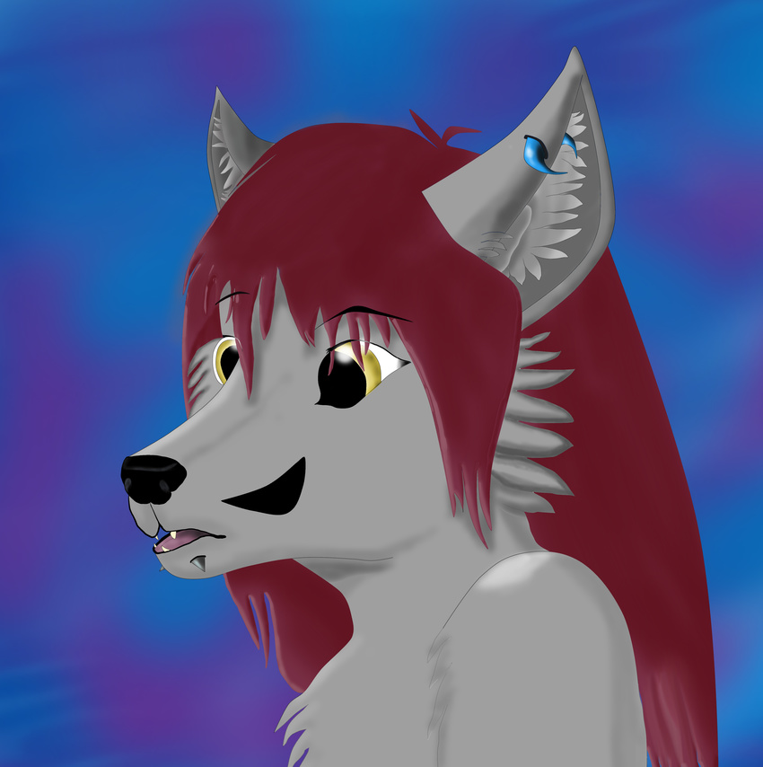 absurd_res ambiguous_gender anthro canine cheek_marking crescent_moon cresent ear_fluff ear_piercing facial_piercing fur grey_fur hair hi_res lip_piercing lip_rings mammal moon open_mouth piercing portrait raised_eyebrow red_hair solo teeth waffles_(artist) wolf yellow_eyes