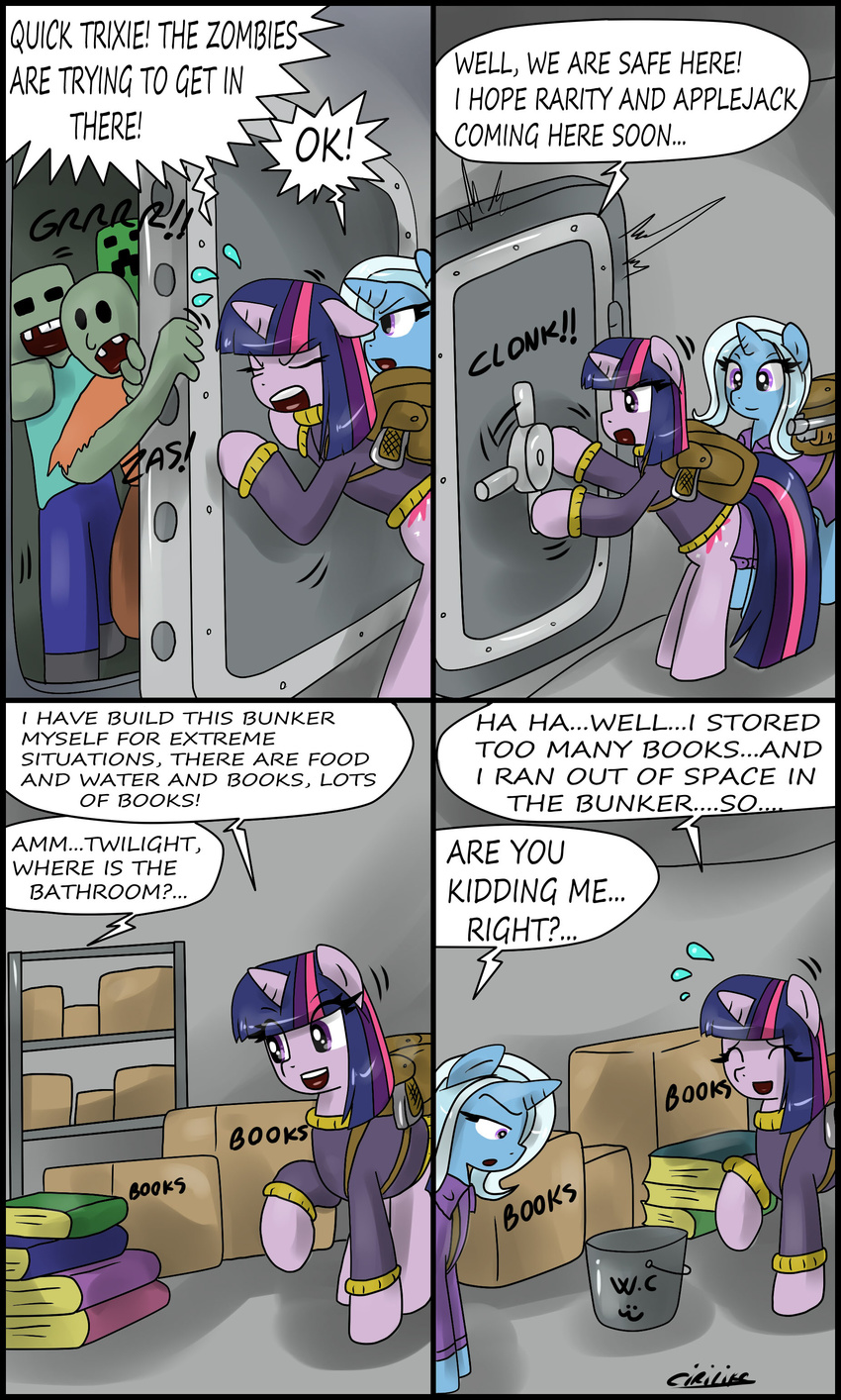 :3 bag blue_hair box bucket ciriliko clothing comic creeper dialog door english_text equine female feral friendship_is_magic gun hair horn horse male mammal minecraft my_little_pony pony purple_eyes purple_hair ranged_weapon shelf shotgun text trixie_(mlp) twilight_sparkle_(mlp) two_tone_hair undead unicorn video_games weapon white_hair zombie