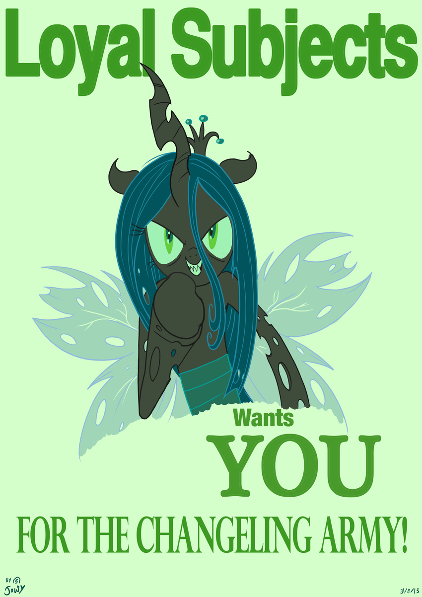 absurd_res changeling english_text fangs female feral friendship_is_magic green_background green_eyes green_hair green_theme hair hi_res holes horn jowybean long_hair looking_at_viewer my_little_pony plain_background poster queen_chrysalis_(mlp) sharp_teeth solo teeth text wings