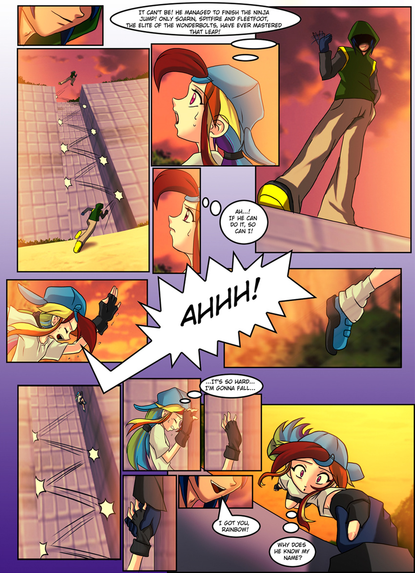 clothed clothing comic dialog english_text female friendship_is_magic hair hat human humanized mammal mauroz multi-colored_hair my_little_pony rainbow_dash_(mlp) shadowbolts_(mlp) text wall_jump