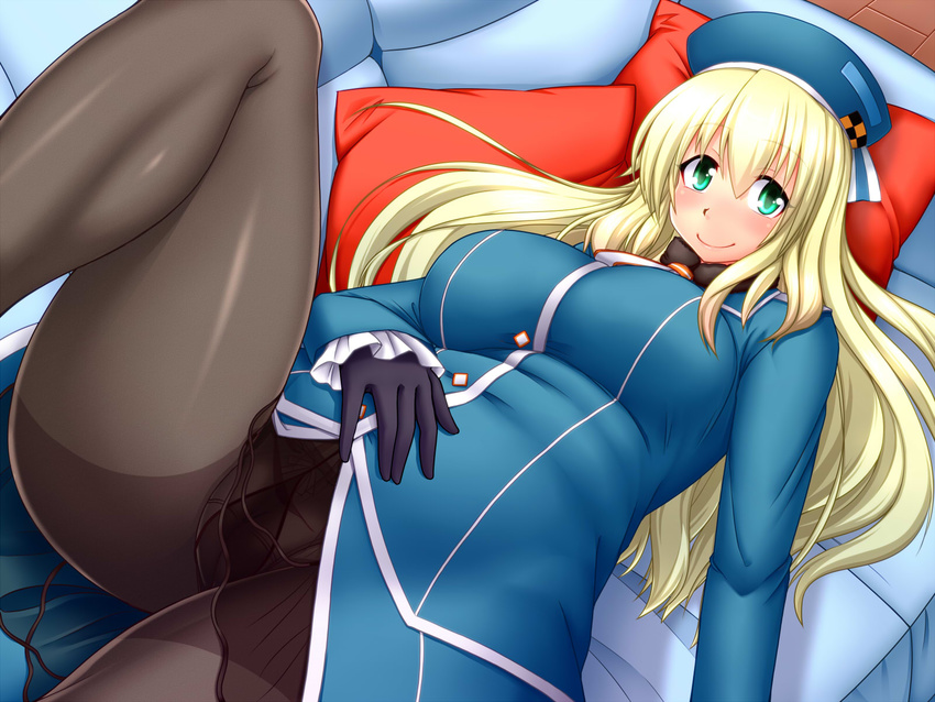 atago_(kantai_collection) black_legwear blonde_hair breasts gloves green_eyes gusset hat highres kantai_collection large_breasts long_hair looking_at_viewer nokoppa panties panties_under_pantyhose pantyhose smile solo underwear