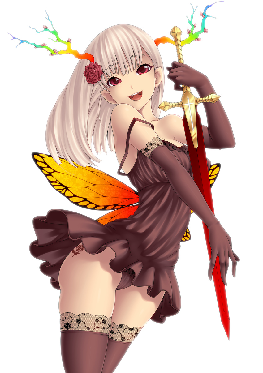 absurdres antlers bad_id bad_pixiv_id bare_shoulders butterfly_wings dress elbow_gloves flower gloves hair_flower hair_ornament highres long_hair looking_at_viewer open_mouth original panties pointy_ears red_eyes rose simple_background smile solo strap_slip sword tattoo thighhighs underwear weapon white_hair wings yin-ting_tian