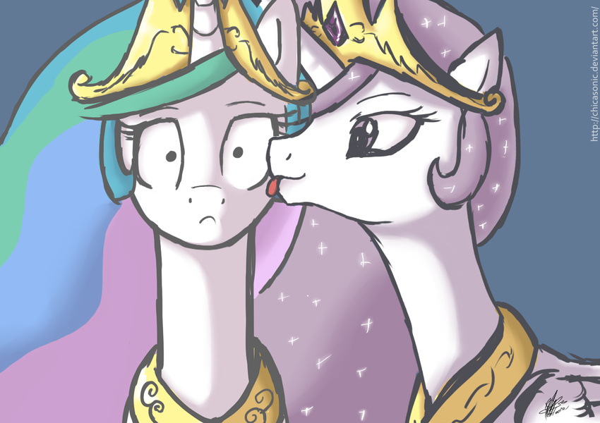 crown duo equine female feral friendship_is_magic gold hair horn horse licking looking_at_viewer mammal my_little_pony necklace pony princess_celestia_(mlp) princess_molestia_(mlp) purple_eyes purple_hair sparkles square_crossover surprise tongue tongue_out winged_unicorn wings