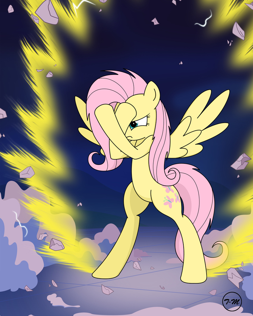 angry aura cutie_mark dragon_ball dragon_ball_z equine female feral fluttershy_(mlp) friendship_is_magic frown green_eyes hair hi_res horse magic mammal my_little_pony night outside parody pegasus pink_hair pony rocks sky smoke solo toxic-mario wings yellow_body