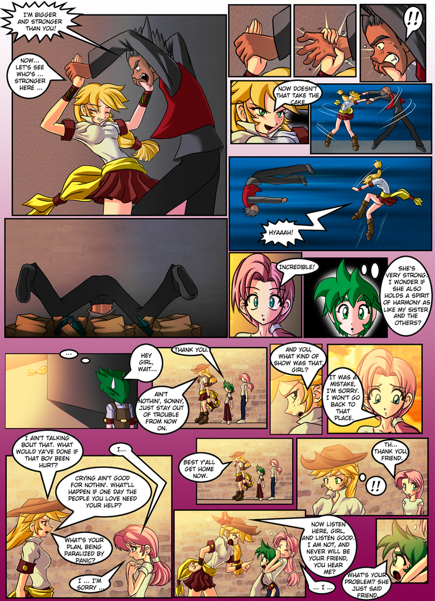 angry applejack_(mlp) blonde_hair clothed clothing comic cowboy_hat dialog english_text female fluttershy_(mlp) friendship_is_magic green_hair hair hat human humanized mammal mauroz multi-colored_hair my_little_pony pink_hair spike_(mlp) text thugs