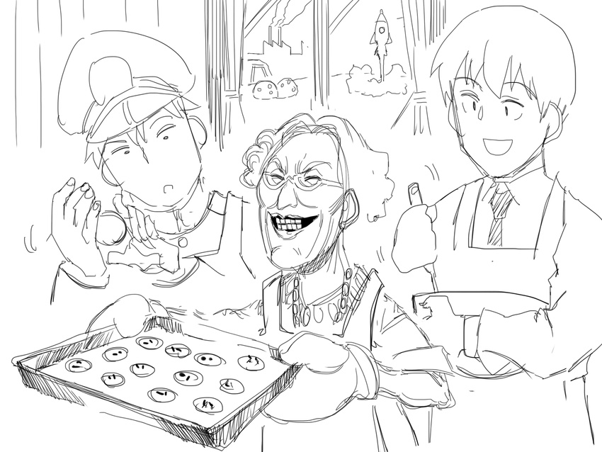 2boys apron baking character_request cookie cookie_clicker factory farm food grandma_(cookie_clicker) greyscale highres monochrome multiple_boys niku-name rocket sketch