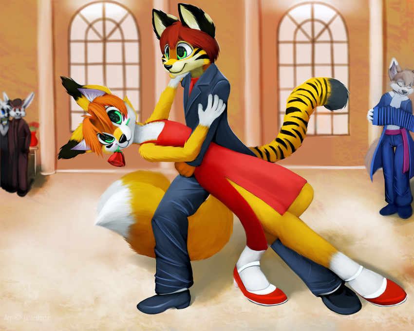 accordion anthro blush canine crossdressing cute dancing dress feline flower fox fur gay girly gloves_(marking) green_eyes hair james_fox jamesfoxbr male mammal markings musical_instrument musician rose saba shoes stripes tiger