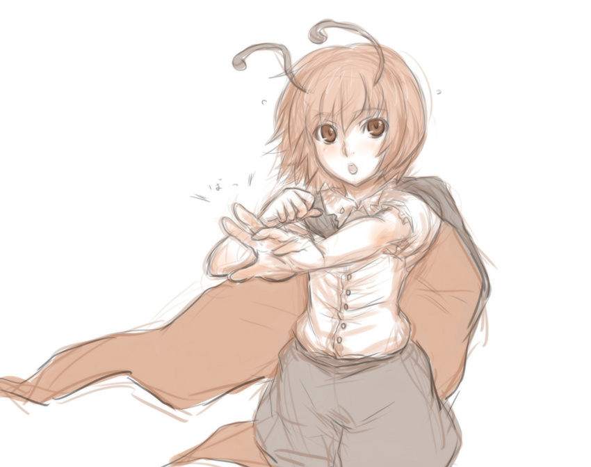 antennae cape fighting_stance kuro_suto_sukii looking_at_viewer open_mouth outstretched_arm shirt short_sleeves shorts simple_background sketch solo touhou white_background wriggle_nightbug
