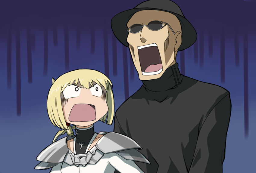 1girl armor azumanga_daiou bad_id bad_pixiv_id blonde_hair blue_background bob_cut clare_(claymore) claymore claymore_(sword) eriance hat kaori_(azumanga_daiou) kimura looking_at_another open_mouth parody pauldrons rubel shocked_eyes short_hair style_parody sunglasses sword turtleneck upper_body weapon