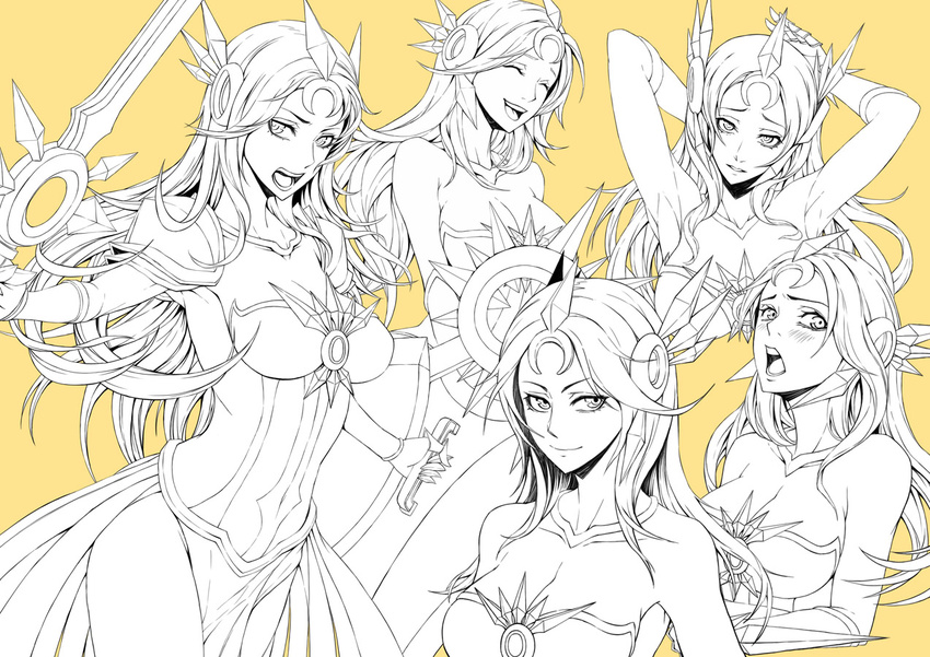 armor blush breasts ear_protection expressions forehead_protector large_breasts leaf98k league_of_legends leona_(league_of_legends) lineart long_hair monochrome shield sword weapon