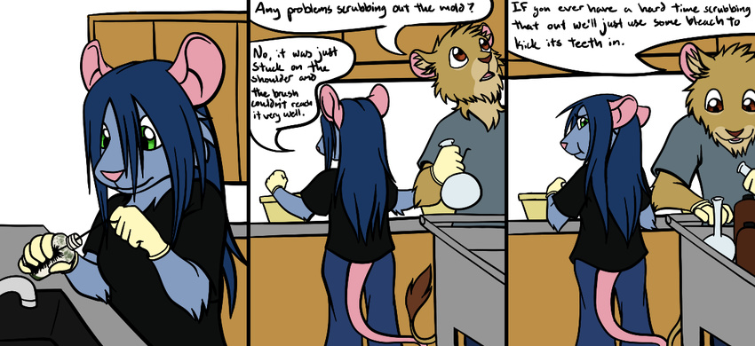 blue_fur blue_hair clothing comic cory dialog english_text feline female fur gloves green_eyes hair lion male mammal norve open_mouth pants rat ratte ratte_(character) red_eyes rodent shirt sink tan_fur text