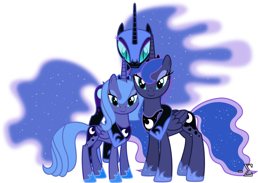 absurd_res absurdly_absurd_res all_fours black_fur blue_eyes blue_fur blue_hair corruption cutie_mark equine ethereal_hair evil eyeshadow female feral friendship_is_magic fur group hair hi_res horn horse hug looking_at_viewer makeup mammal my_little_pony nightmare_moon_(mlp) pony princess princess_luna_(mlp) royalty size_difference slit_pupils smile standing winged_unicorn wings