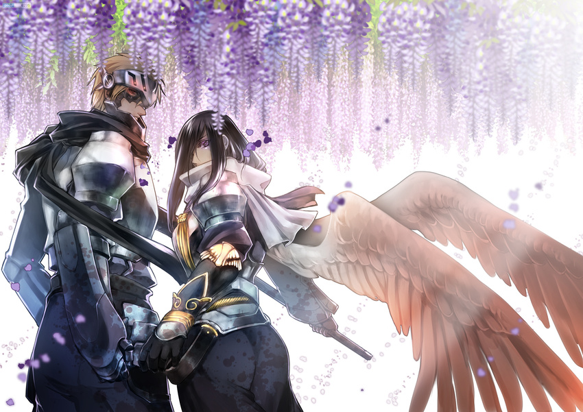 1girl armor black_hair blonde_hair flower hair_over_one_eye highres long_hair pixiv_fantasia pixiv_fantasia_new_world purple_eyes short_hair takayama_dan wings wisteria