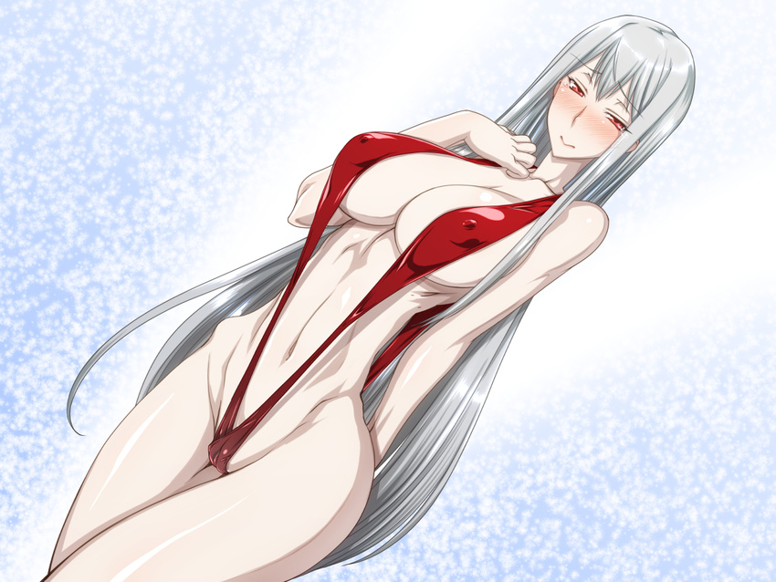 :&gt; arm_behind_back blush breasts covered_nipples ebido large_breasts long_hair looking_at_viewer pale_skin red_eyes selvaria_bles senjou_no_valkyria silver_hair slingshot_swimsuit solo swimsuit very_long_hair wide_hips