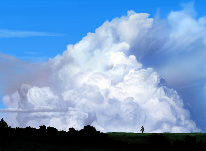 bad_pixiv_id blue_sky cloud day fence grass landscape no_humans original outdoors peko_(akibakeisena) scenery sky tree