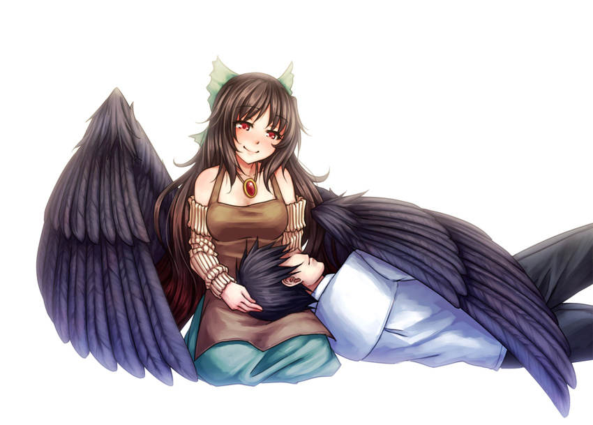 1girl alternate_costume apron bare_shoulders black_hair blush bow breasts cleavage commentary couple hair_bow hetero lap_pillow lips long_hair medium_breasts monorus off-shoulder_sweater red_eyes reiuji_utsuho sitting smile sweater touhou wing_hug wings