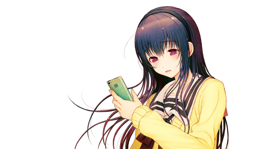 black_hair game_cg kimi_to_kanojo_to_kanojo_no_koi. long_hair nitroplus phone purple_eyes seifuku sone_miyuki tsuji_santa