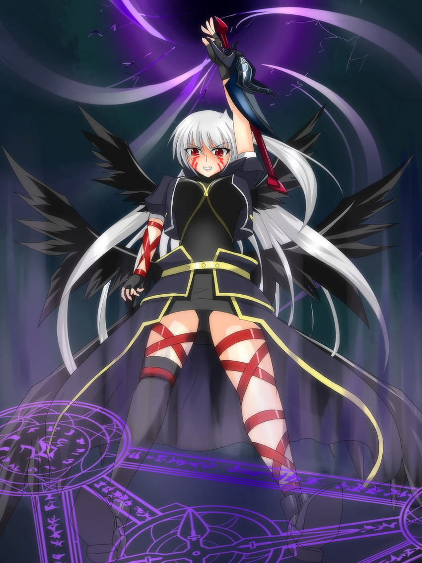angry arm_belt asymmetrical_legwear bangs black_legwear black_wings breasts clenched_teeth energy_ball facial_mark fingerless_gloves from_below gloves hand_up highres jacket large_breasts leg_belt long_hair lyrical_nanoha magic magic_circle magical_girl mahou_shoujo_lyrical_nanoha mahou_shoujo_lyrical_nanoha_a's mahou_shoujo_lyrical_nanoha_the_movie_2nd_a's multiple_wings nachtwal open_clothes open_jacket red_eyes reinforce silver_hair single_thighhigh skirt solo tears teeth thigh_strap thighhighs waist_cape wings wrist_straps you_(yousuke968)