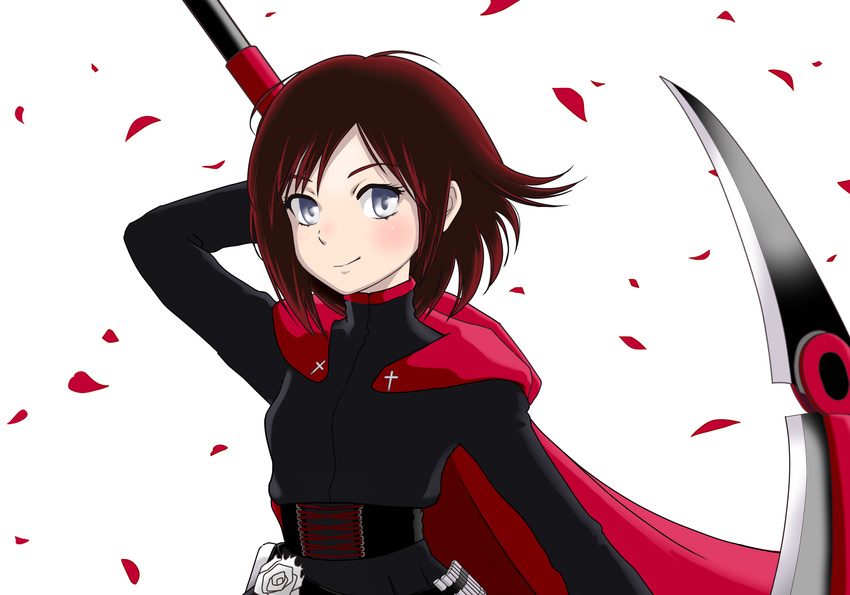 bad_id bad_pixiv_id cape flower grey_eyes highres petals ponta_(ias1773oi) ruby_rose rwby scythe short_hair smile solo