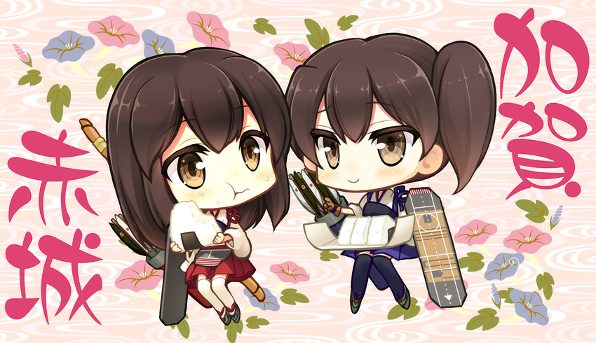 :t akagi_(kantai_collection) arrow bad_id bad_pixiv_id black_legwear bow_(weapon) brown_eyes brown_hair chibi eating food food_on_face gloves gunp kaga_(kantai_collection) kantai_collection long_hair multiple_girls muneate onigiri partly_fingerless_gloves quiver rice rice_on_face short_hair side_ponytail skirt smile thighhighs weapon white_legwear yugake