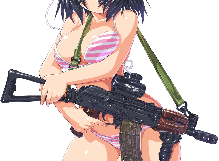 aks-74u assault_rifle bikini black_hair breasts cleavage dd_(ijigendd) gun head_out_of_frame holding holding_gun holding_weapon large_breasts original rifle scope shiny shiny_skin short_hair simple_background sling solo striped striped_bikini swimsuit trigger_discipline untied vertical_foregrip wardrobe_malfunction weapon white_background